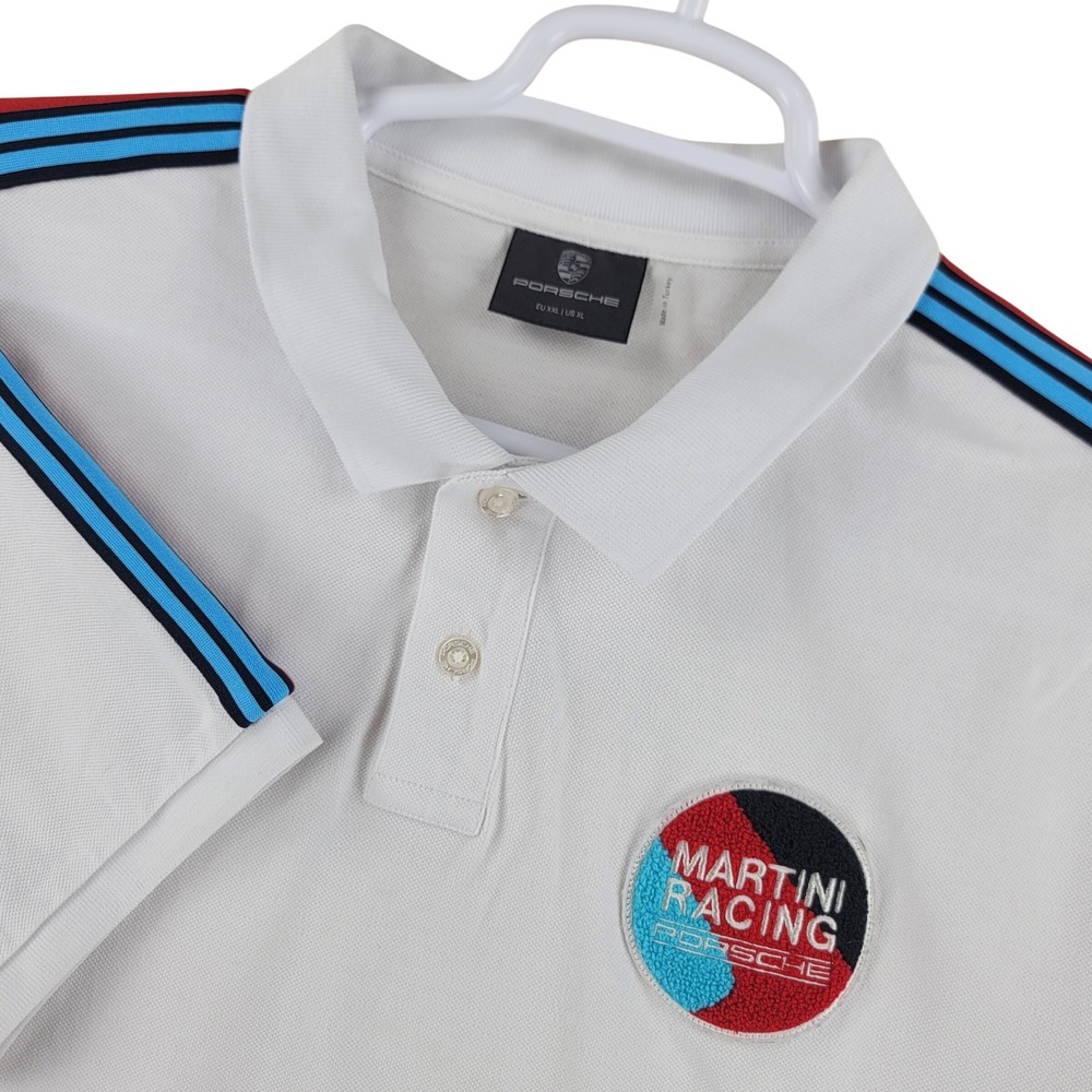 Porsche Polo Shirt Mens XL White Martini Racing Stripes Short Sleeve Pique
